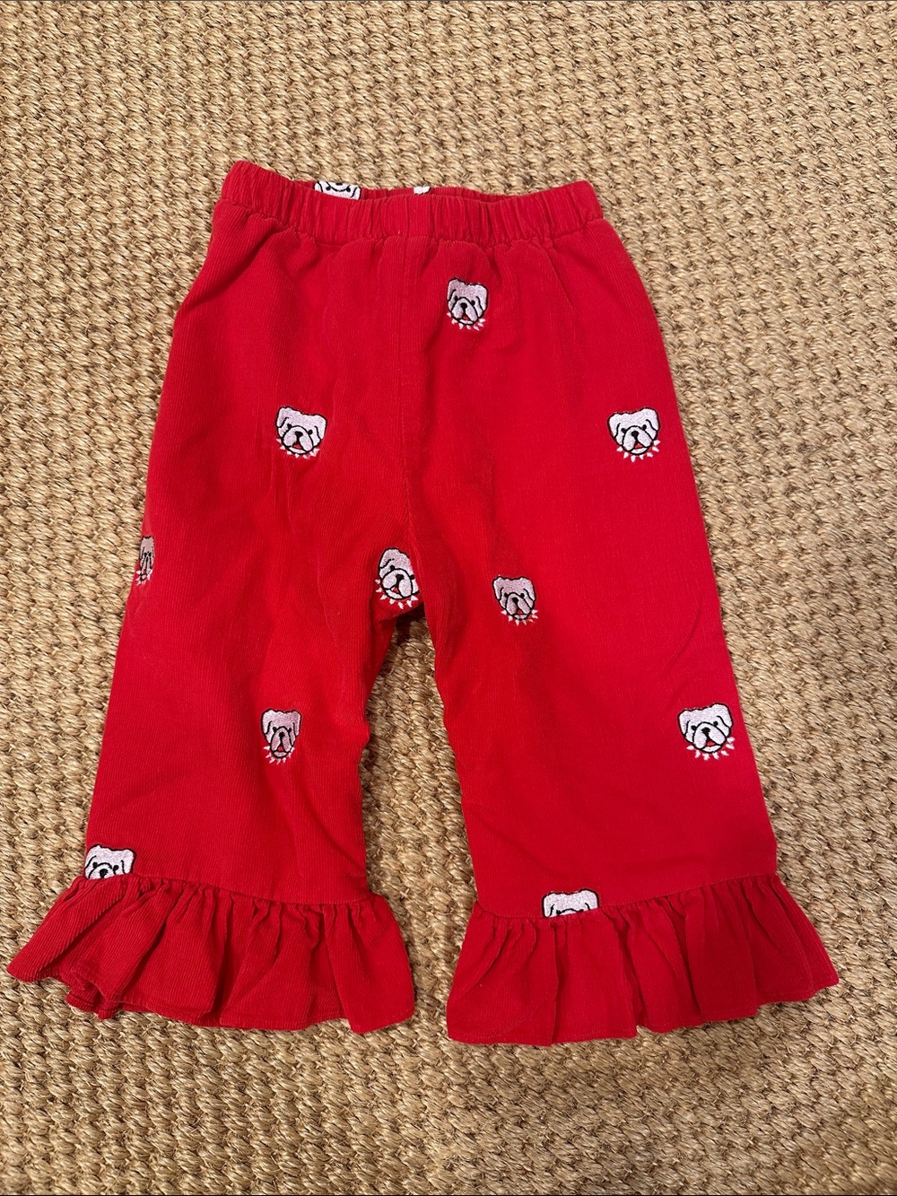 Girls' Red Ruffle Hem Courdoroy Pants with UGA Bulldog Motif